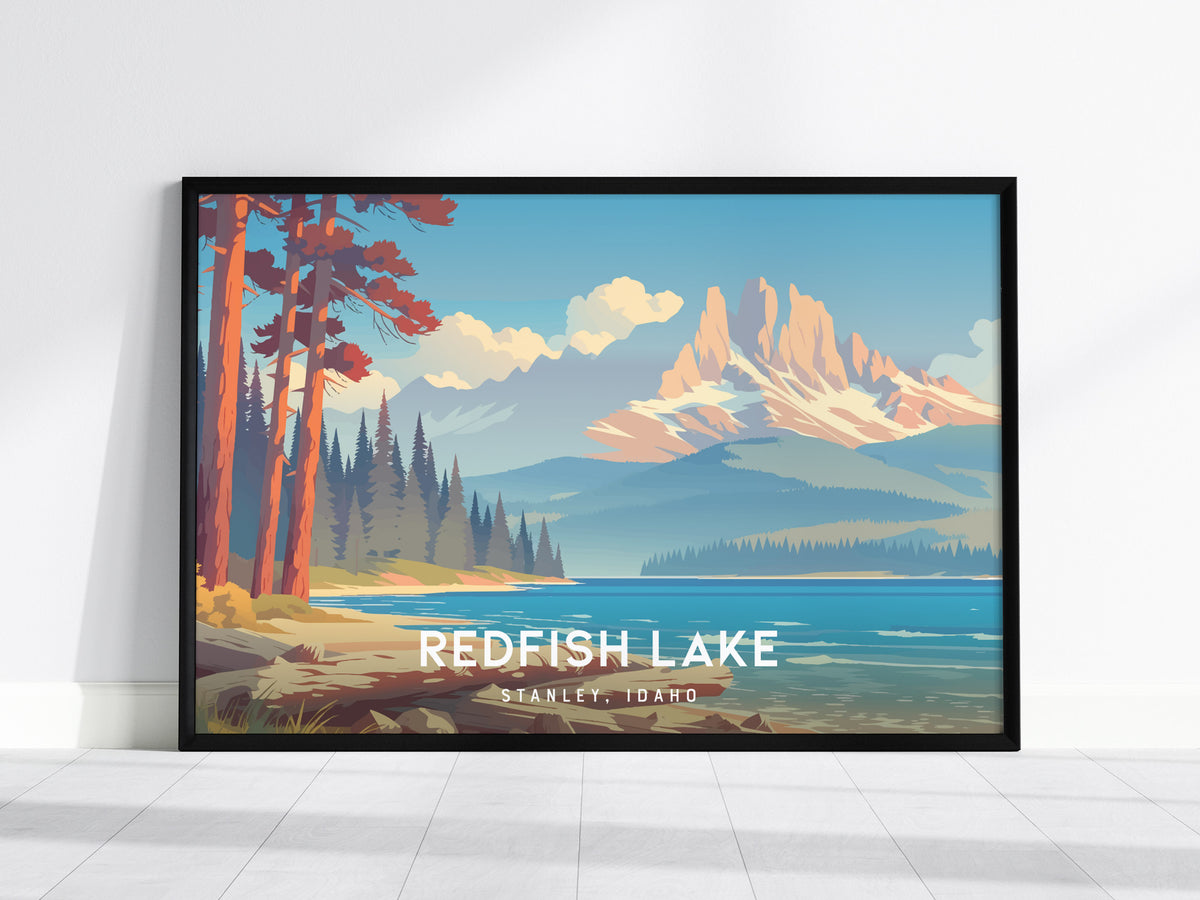 Redfish Lake Landscape Poster | Stanley, Idaho Vacation Wall Art — framed wall art, 24x36 in