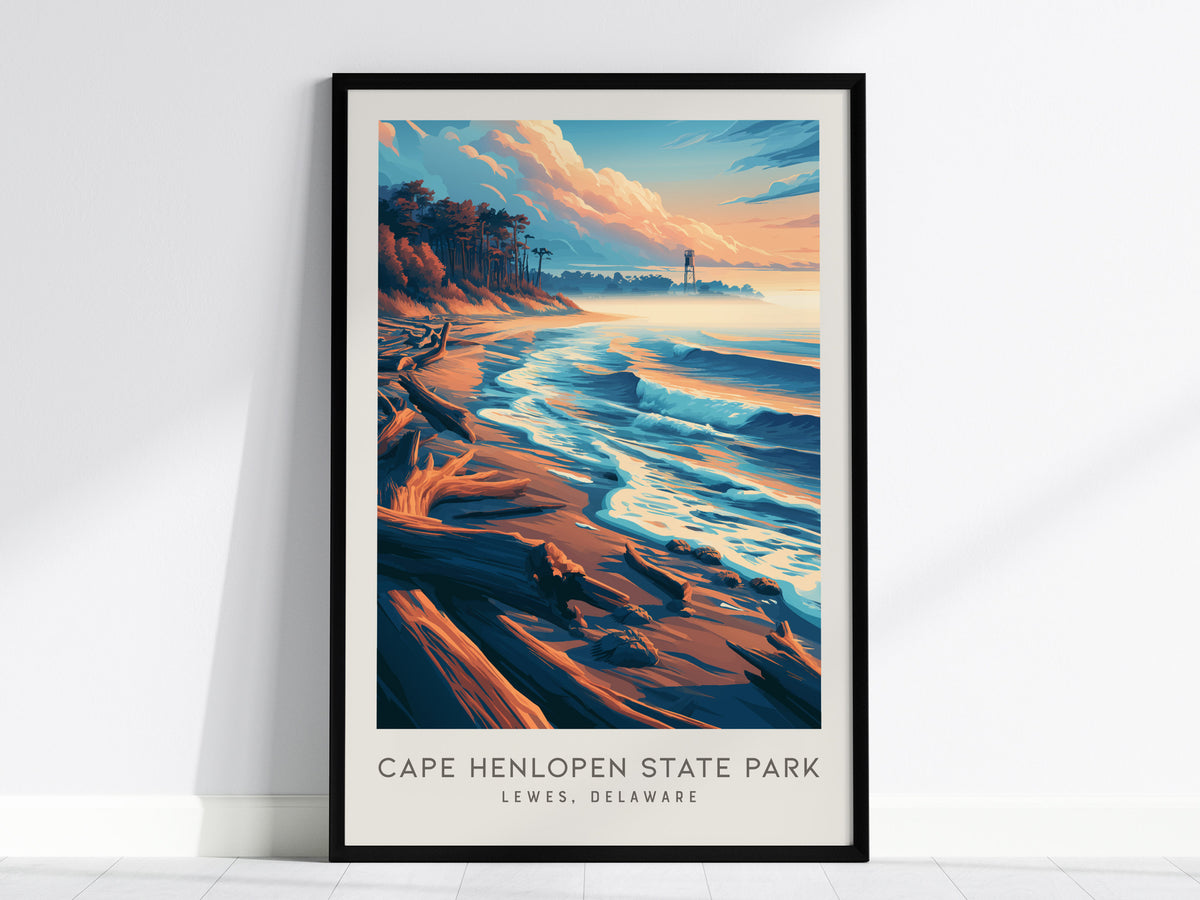 Cape Henlopen State Park Matte Border Poster | Lewes, Delaware Travel Wall Art — framed wall art, 24x36 in