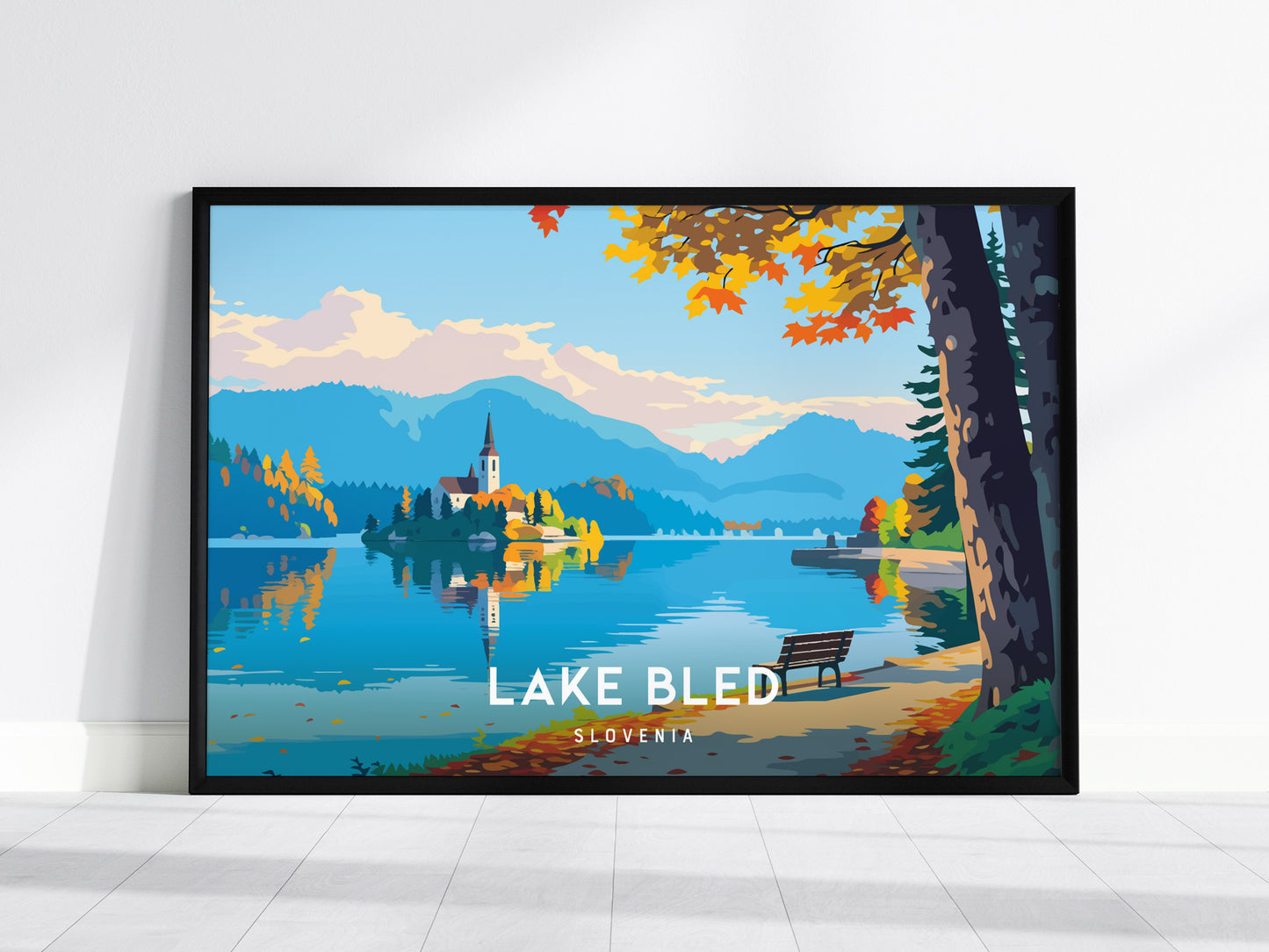 Lake Bled, Slovenia Landscape Poster | Medieval Castle & Alpine Lake Vacation Wall Art — framed wall art, 24x36 in