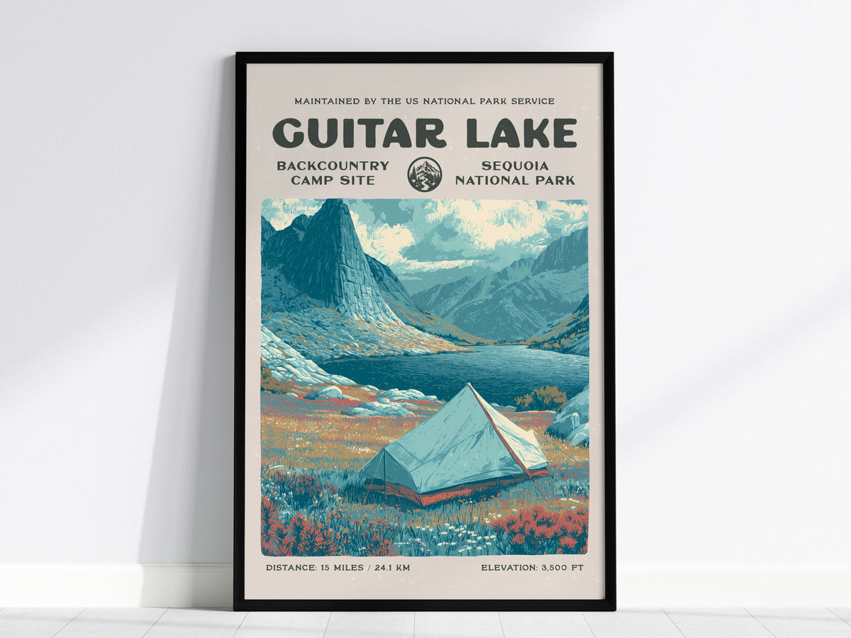 Guitar Lake, Sequoia National Park Poster | Hiker Gift | Backcountry Trail Wall Art — framed wall art, 24x36 in