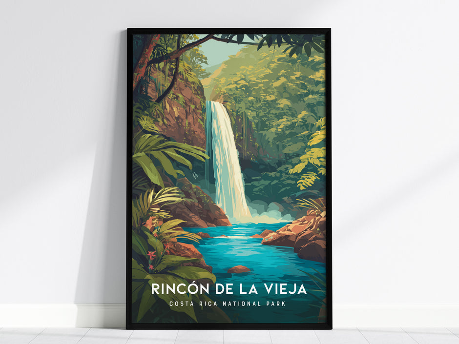 Lush Rincón de la Vieja waterfall art print, vibrant blue pool, tropical jungle, ideal travel art for home decor.