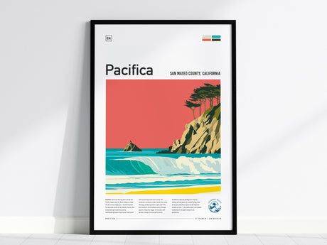 Pacifica, San Mateo County, California Poster | Misty Cliffs & Rolling Waves Surf Wall Art — framed wall art, 24x36 in