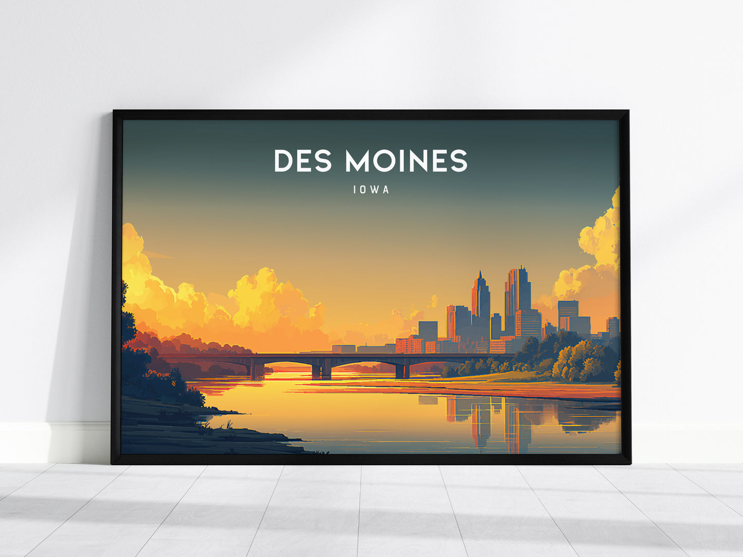 Des Moines, Iowa Landscape Poster | Heartland Skyline Travel Wall Art — framed wall art, 24x36 in