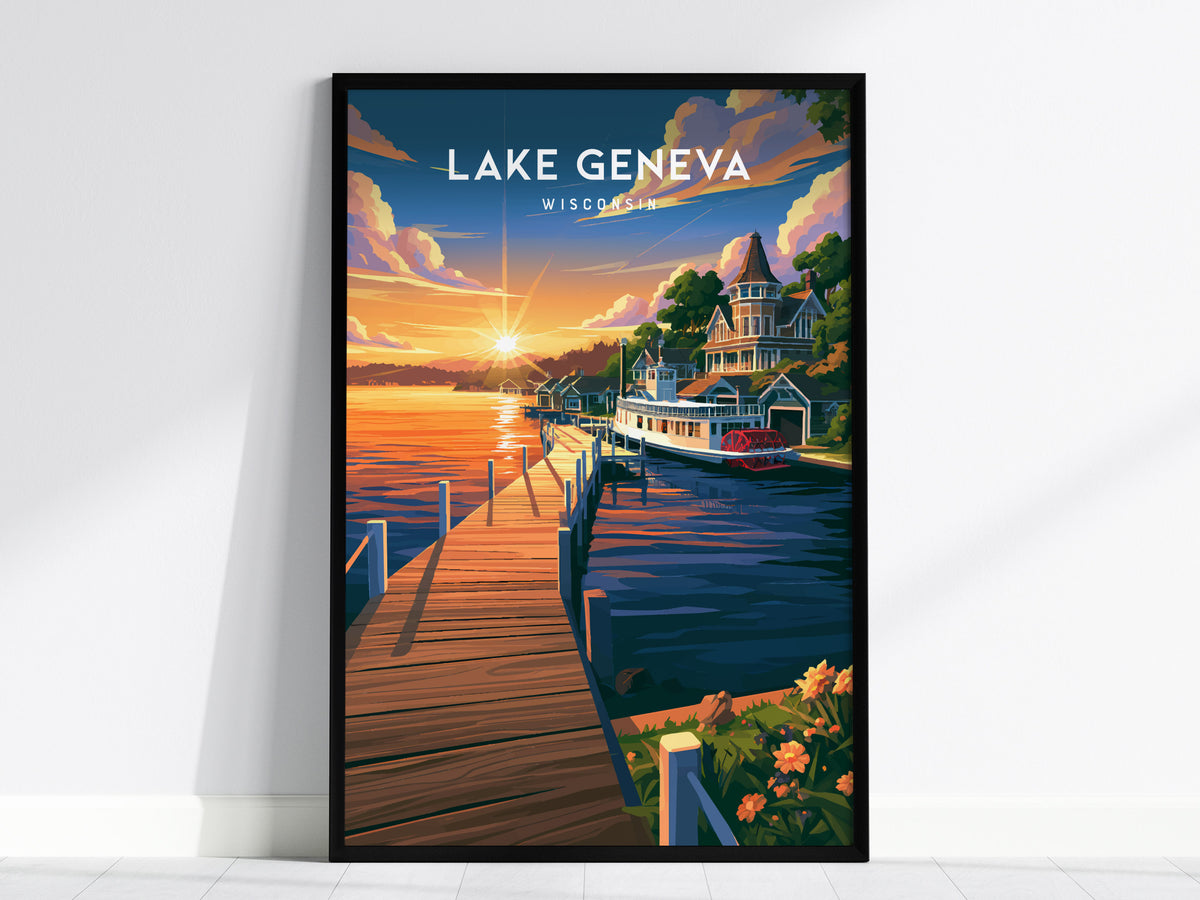 Lake Geneva, Wisconsin Poster | Lakeside Charm Destination Print Wall Art — framed wall art, 24x36 in