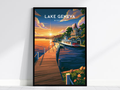 Lake Geneva, Wisconsin Poster | Lakeside Charm Destination Print Wall Art — framed wall art, 24x36 in