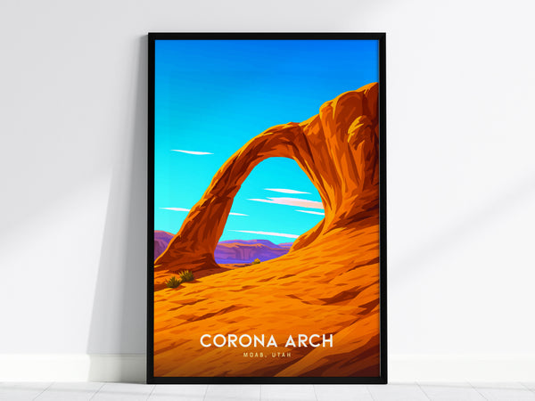 Framed vintage travel print of Corona Arch in Moab, Utah, featuring warm oranges, reds, and a vibrant blue sky, perfect for travel art decor.