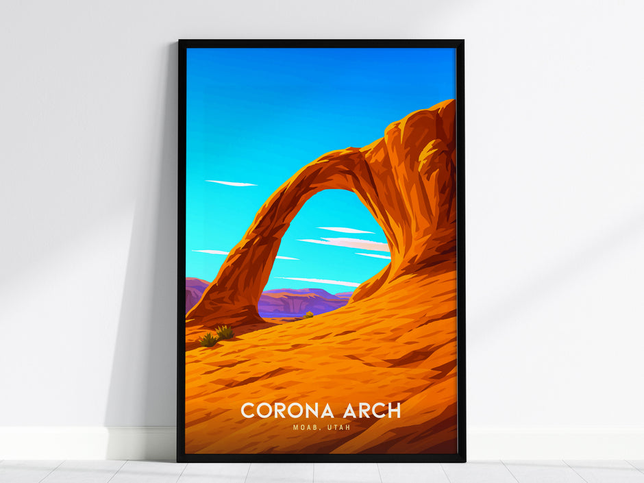 Framed vintage travel print of Corona Arch in Moab, Utah, featuring warm oranges, reds, and a vibrant blue sky, perfect for travel art decor.