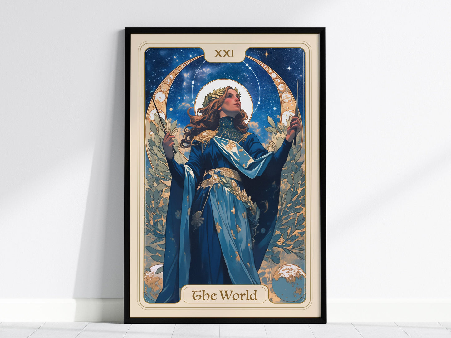 The World tarot poster with crowned figure in blue robes framed by crescent arches and stars