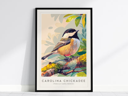 Carolina Chickadee Poster | Charming Songbird in Autumn Branches Wall Art — framed wall art, 24x36 in