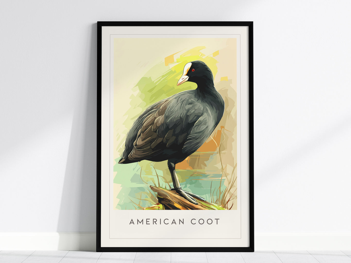American Coot Poster | Waterbird on a Quiet Marsh Wall Art — framed wall art, 24x36 in