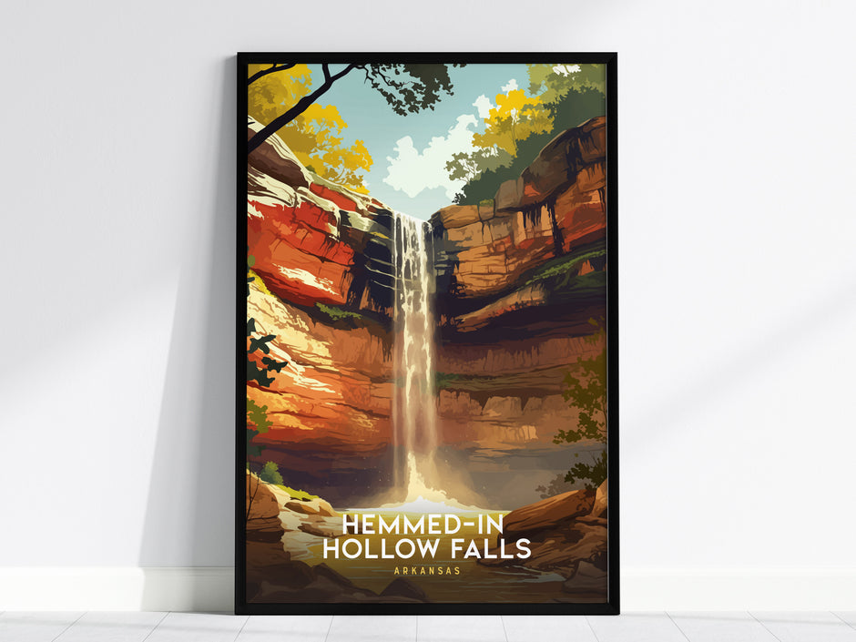 Framed Hemmed-In Hollow Arkansas waterfall art print featuring earthy tones, bold lines, and serene natural scenery, ideal for travel art decor.