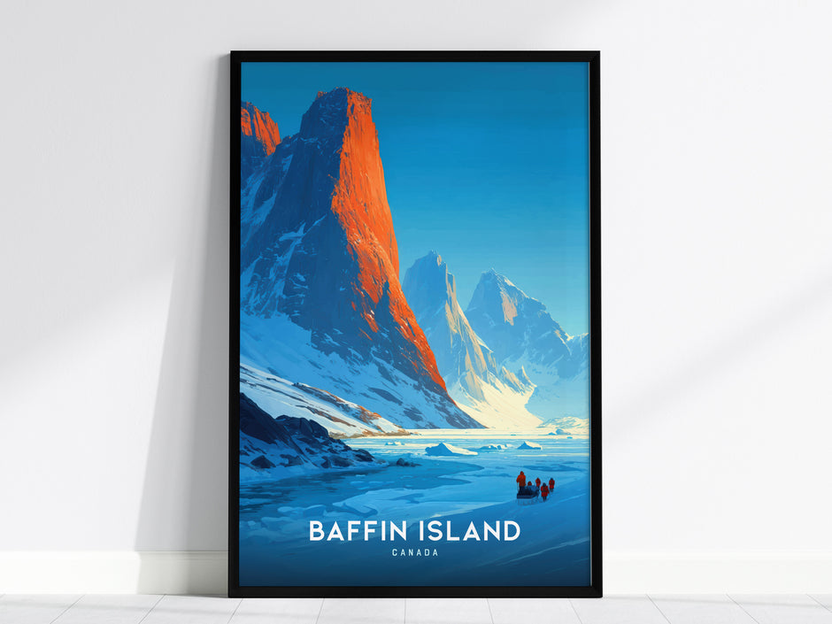 Framed Baffin Island wall art print featuring a vibrant mountain sunrise, showcasing explorers on snowy terrain, perfect travel art.