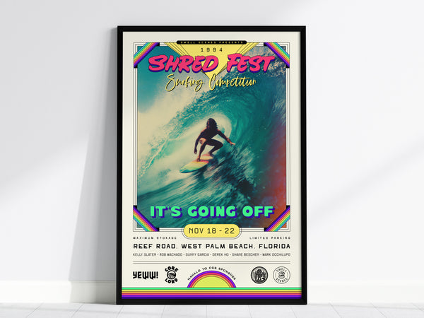 Vintage 1994 Shred Fest poster featuring a surfer riding a vibrant blue wave at Reef Road, perfect surf art for decor.