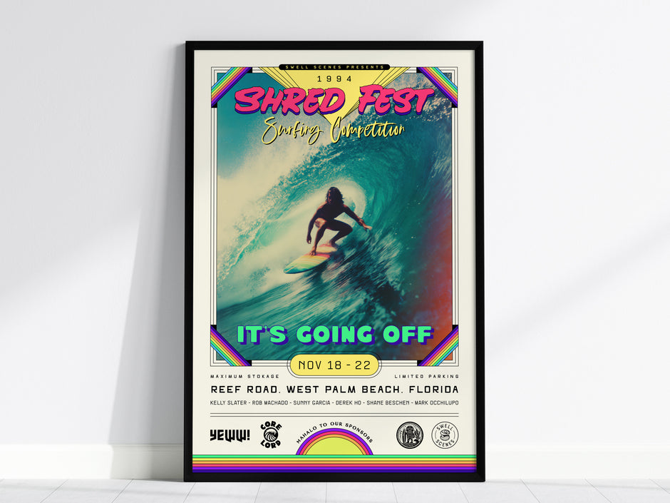 Vintage 1994 Shred Fest poster featuring a surfer riding a vibrant blue wave at Reef Road, perfect surf art for decor.