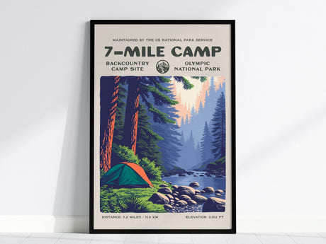 7-Mile Camp, Olympic National Park Poster | Hiker Gift | Backcountry Trail Wall Art — framed wall art, 24x36 in