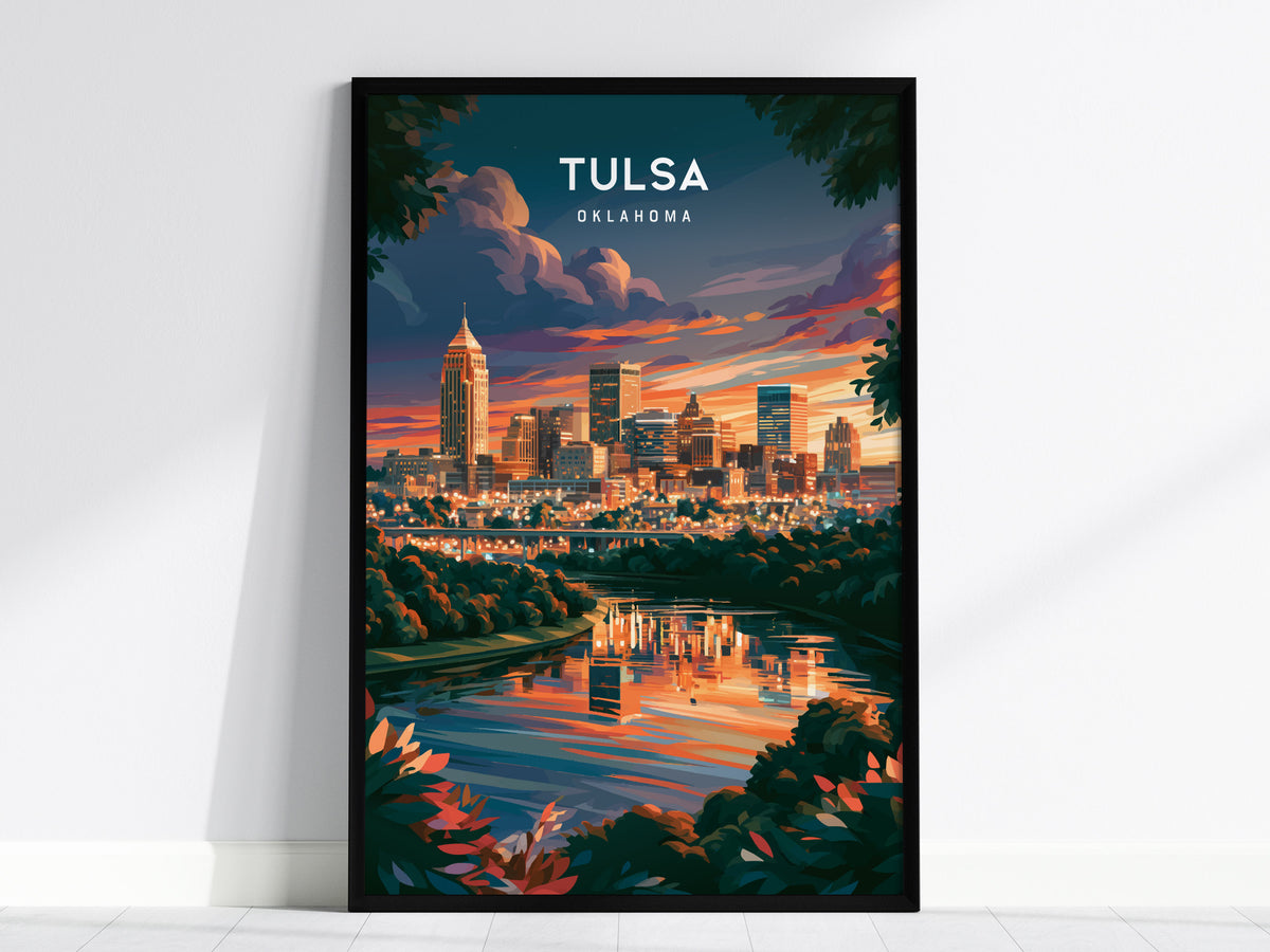 Tulsa, Oklahoma Poster | Route 66 Art Deco Skyline Wall Art — framed wall art, 24x36 in
