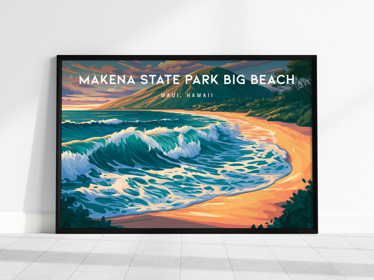 Makena State Park Big Beach Landscape Poster | Maui, Hawaii Vacation Wall Art — framed wall art, 24x36 in