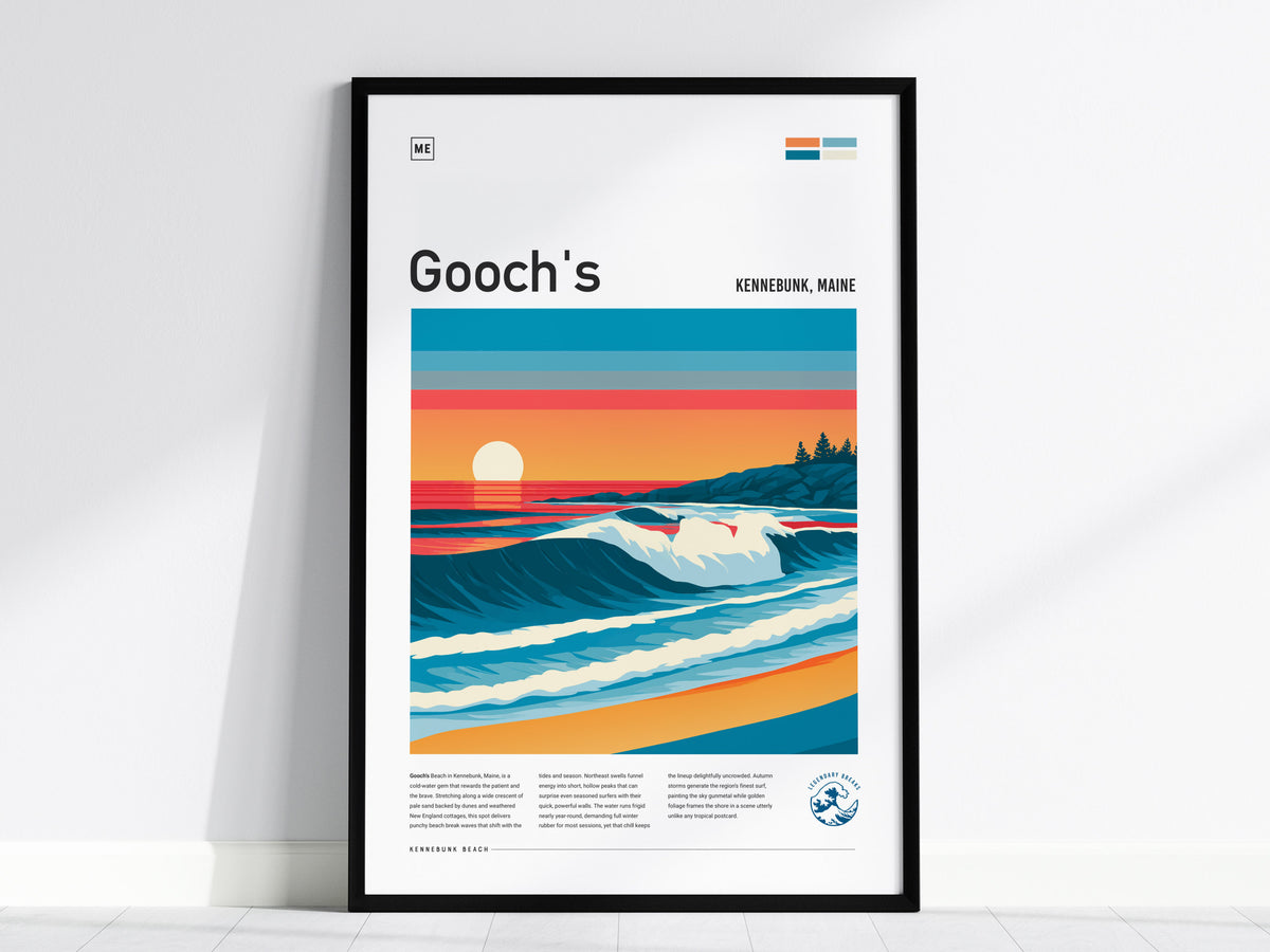 Gooch's Beach, Kennebunk, Maine Poster | Rocky Shore & Rolling Waves Wall Art — framed wall art, 24x36 in