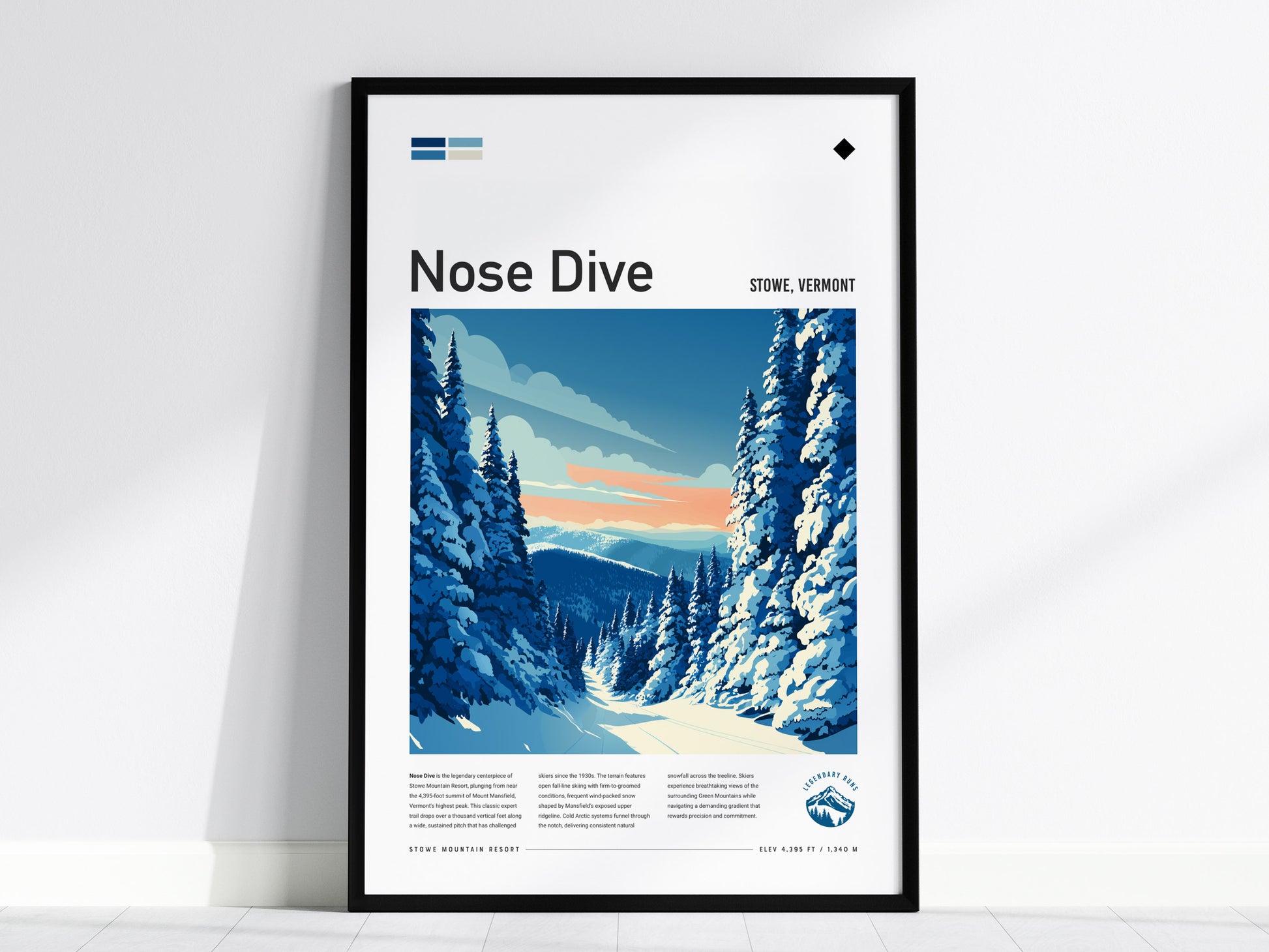 Nose Dive, Stowe, Vermont Poster | Bold Ski Run Mountain Wall Art — framed wall art, 24x36 in
