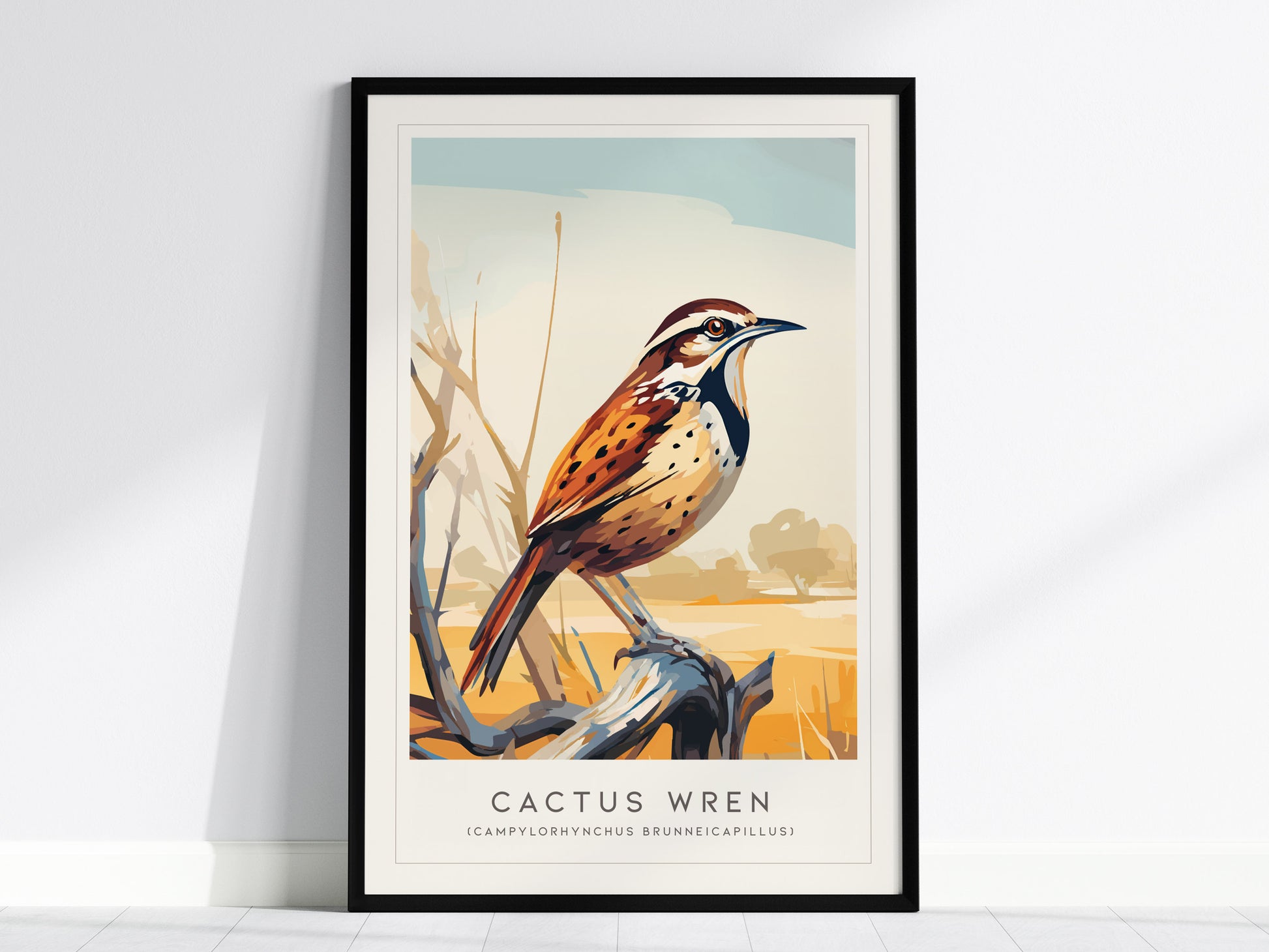 Cactus Wren Poster | Desert Songbird & Blooming Cactus Wall Art — framed wall art, 24x36 in