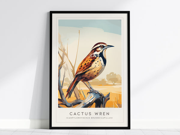 Cactus Wren Poster | Desert Songbird & Blooming Cactus Wall Art — framed wall art, 24x36 in