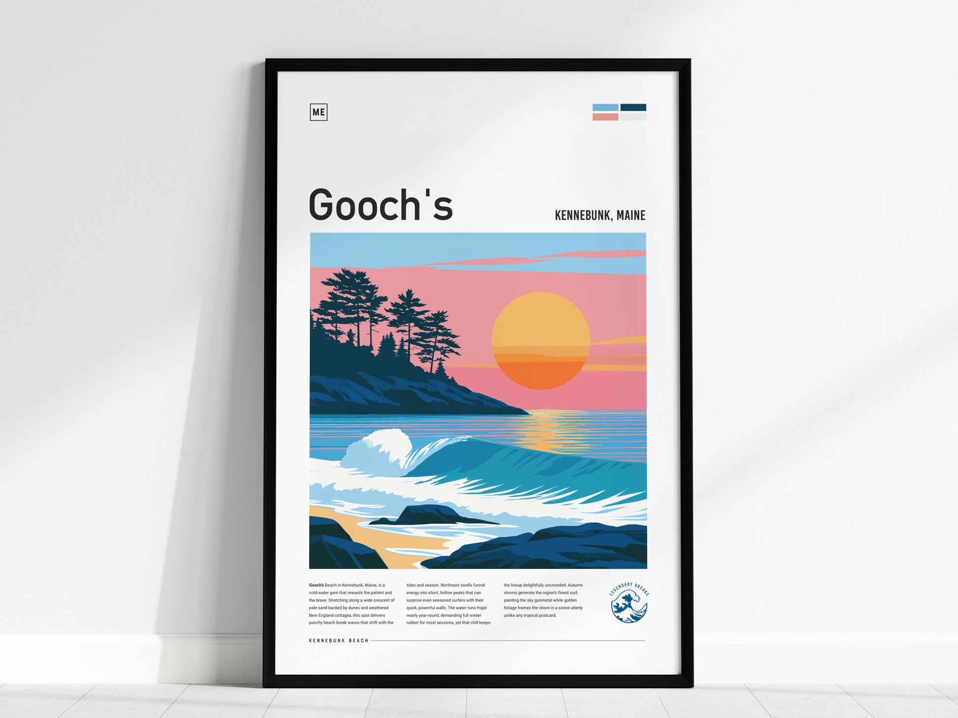 Gooch's Beach, Kennebunk, Maine Poster | Rocky Shore & Rolling Waves Wall Art — framed wall art, 24x36 in