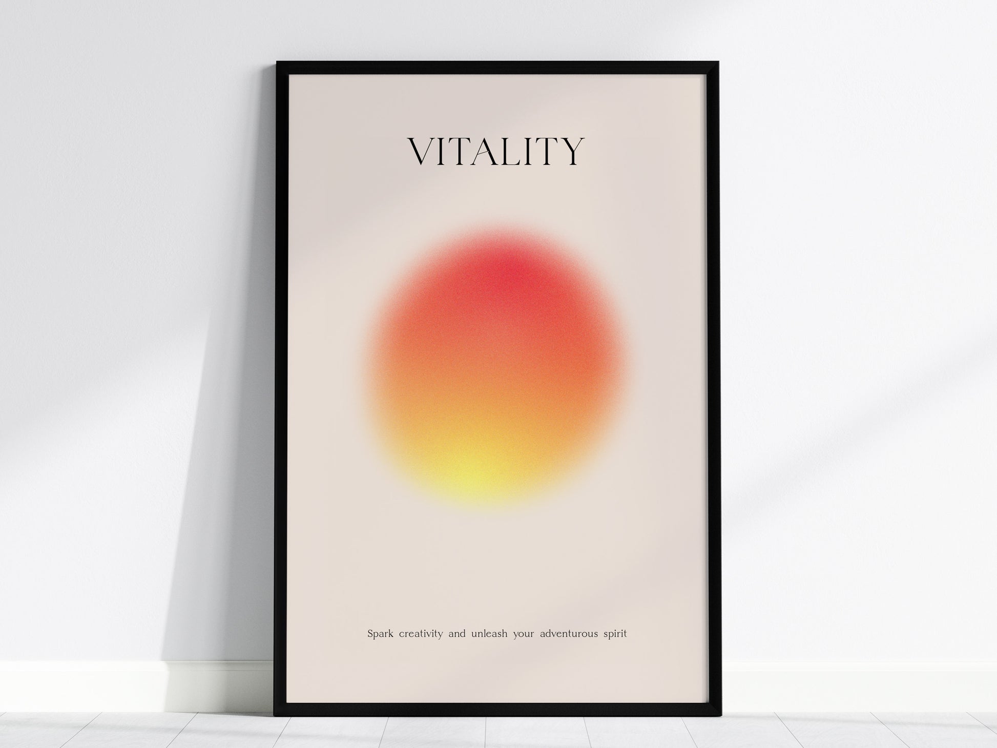 Vitality Aura Poster featuring a soft yellow to orange gradient, displayed in a modern black frame against a bright minimalist wall.