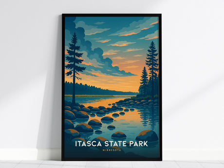 Framed poster of Itasca State Park with a scenic illustration of a serene lake, rocks, and pine trees under a vibrant sunset sky. Text reads Itasca State Park, Minnesota.