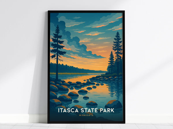 Framed poster of Itasca State Park with a scenic illustration of a serene lake, rocks, and pine trees under a vibrant sunset sky. Text reads Itasca State Park, Minnesota.