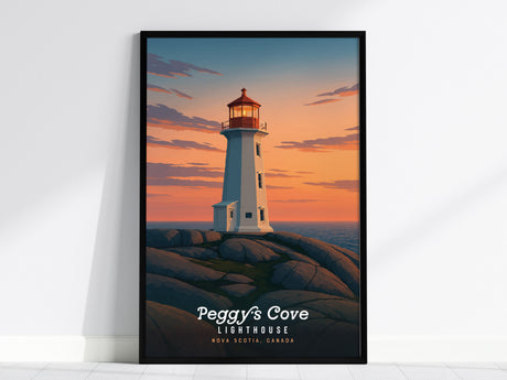 A framed poster of Peggys Cove Lighthouse is displayed against a white wall, featuring an illustration of the lighthouse on rugged rocks at sunset.