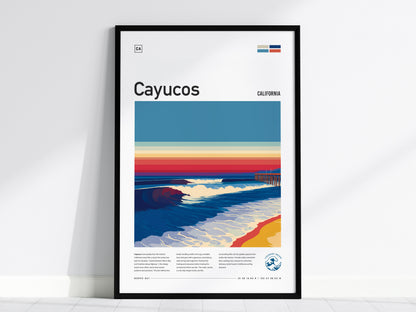 Cayucos, California Poster | Sun-Soaked Surf Town Coastal Wall Art — framed wall art, 24x36 in