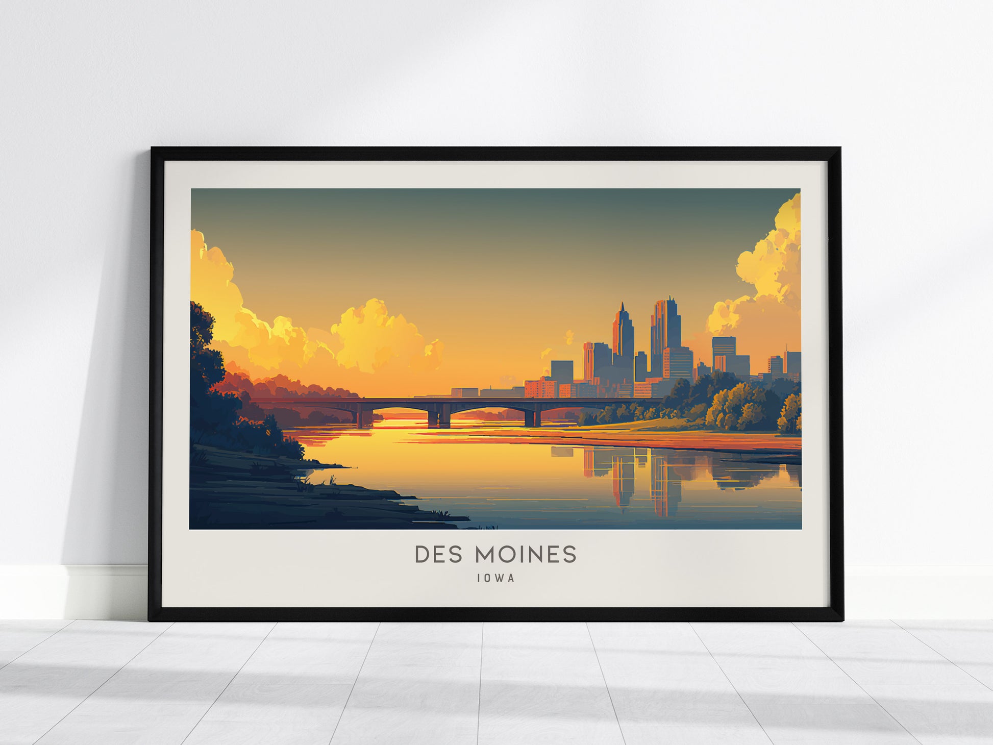 Des Moines Landscape Matte Border Poster | Iowa Travel Wall Art — framed wall art, 24x36 in