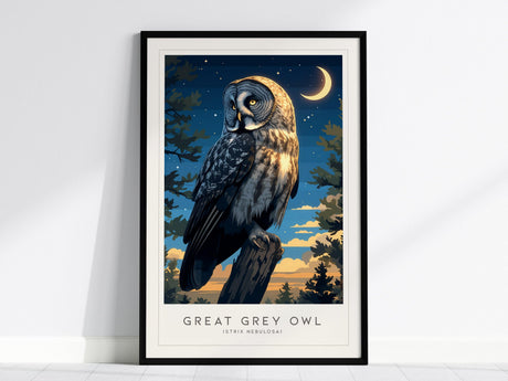 Framed artwork of a Great Grey Owl with piercing yellow eyes, perched against a twilight sky, crescent moon, and silhouetted pines. The scene evokes a mystical, nocturnal ambiance.