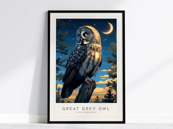 Framed artwork of a Great Grey Owl with piercing yellow eyes, perched against a twilight sky, crescent moon, and silhouetted pines. The scene evokes a mystical, nocturnal ambiance.