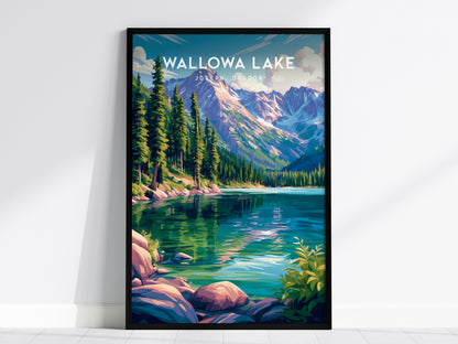 Wallowa Lake, Joseph, Oregon Poster | Mountain Lodge Destination Print Wall Art — framed wall art, 24x36 in