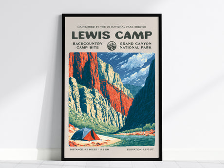 Lewis Camp, Grand Canyon National Park Poster | Hiker Gift | Backcountry Trail Wall Art — framed wall art, 24x36 in