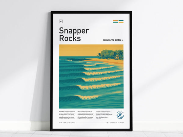 The image features a framed poster depicting Snapper Rocks with stylized wave patterns in vibrant blue and gold tones, set against a tropical backdrop with palm trees.