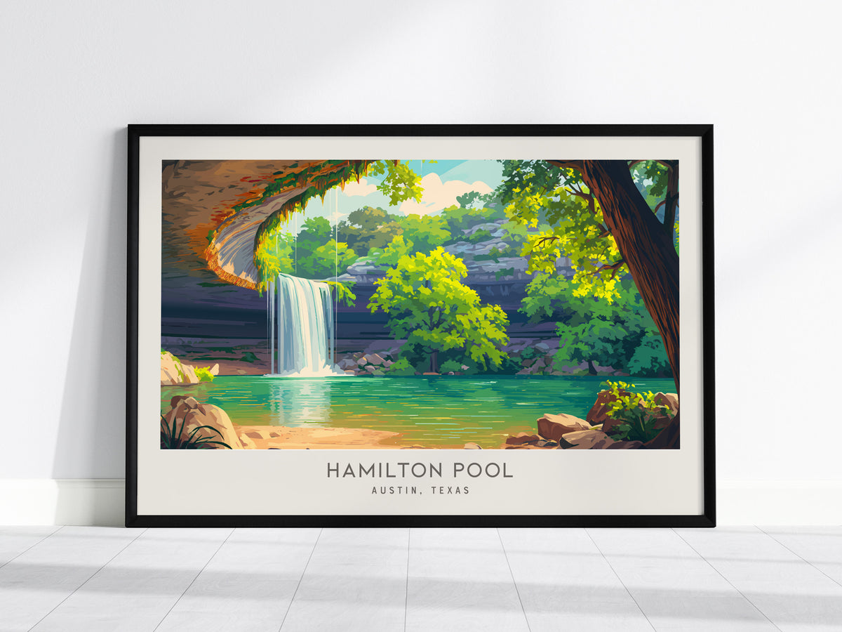 Hamilton Pool Landscape Matte Border Poster | Austin, Texas Travel Gift & Natural Grotto Wall Art — framed wall art, 24x36 in