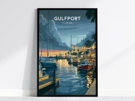 Gulfport, Florida Poster | Charming Waterfront Village Sunset Wall Art — framed wall art, 24x36 in