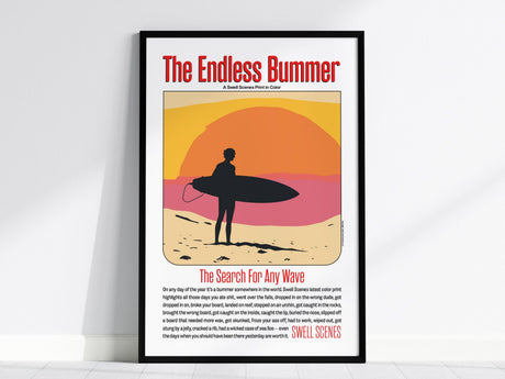 Framed poster titled The Endless Bummer features a silhouetted surfer with a board against a vibrant setting sun background. Text below humorously describes surfing mishaps.