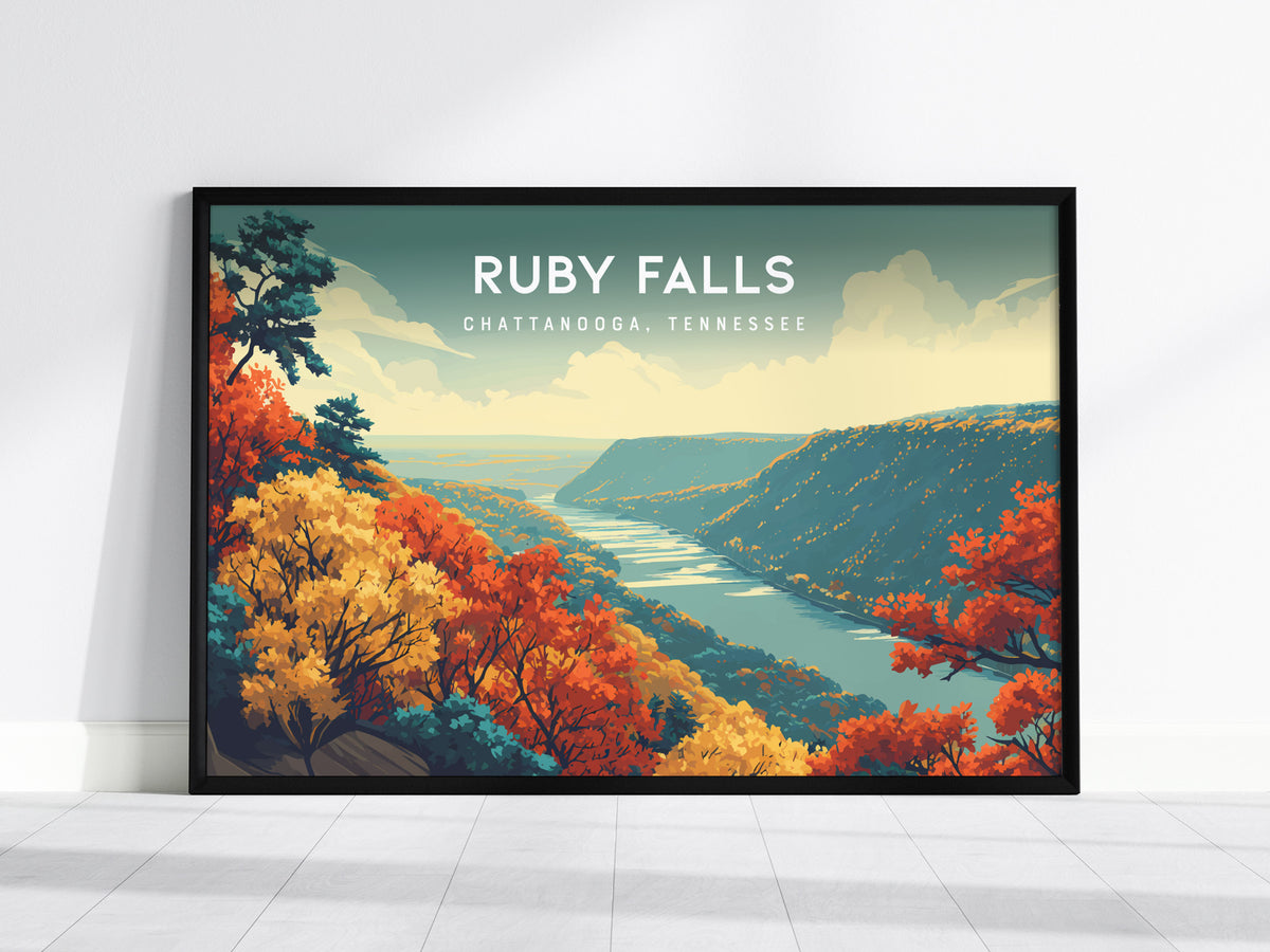 Ruby Falls Landscape Poster | Chattanooga, Tennessee Cavern Vacation Wall Art — framed wall art, 24x36 in