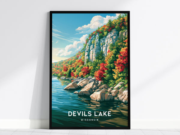 Devils Lake, Wisconsin Poster | Bluffs & Blue Water Travel Wall Art — framed wall art, 24x36 in