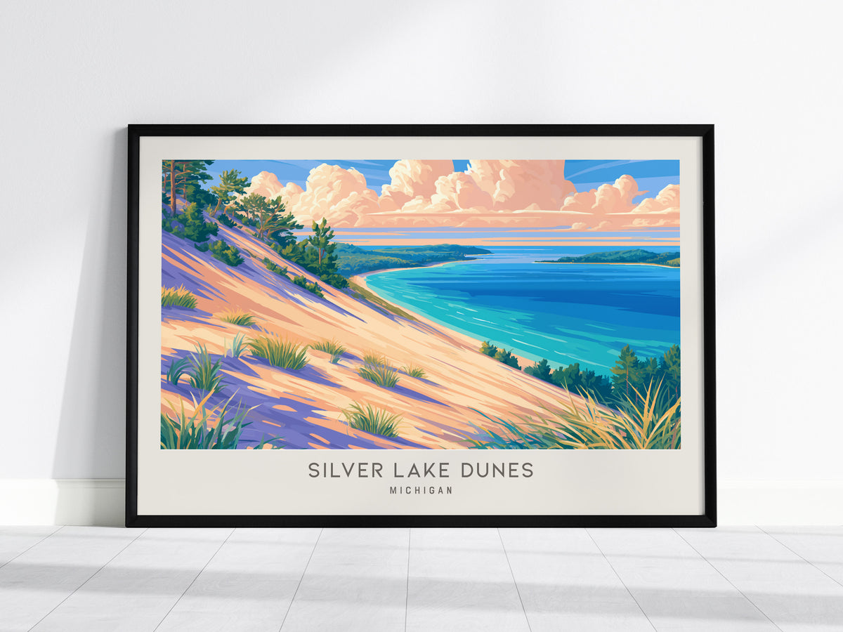 Silver Lake Dunes Landscape Matte Border Poster | Michigan Vacation Wall Art — framed wall art, 24x36 in
