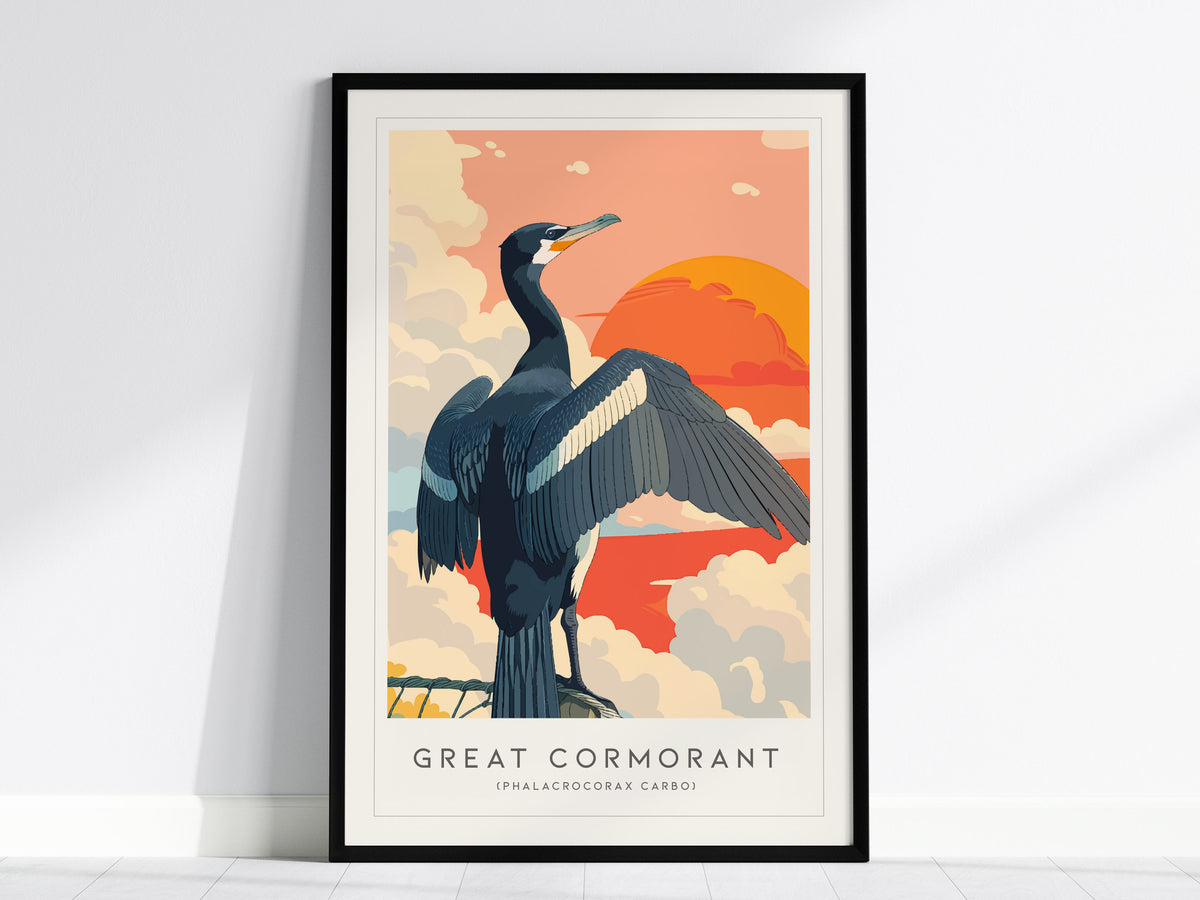 Great Cormorant, Phalacrocorax carbo Poster | Elegant Coastal Bird Wall Art — framed wall art, 24x36 in