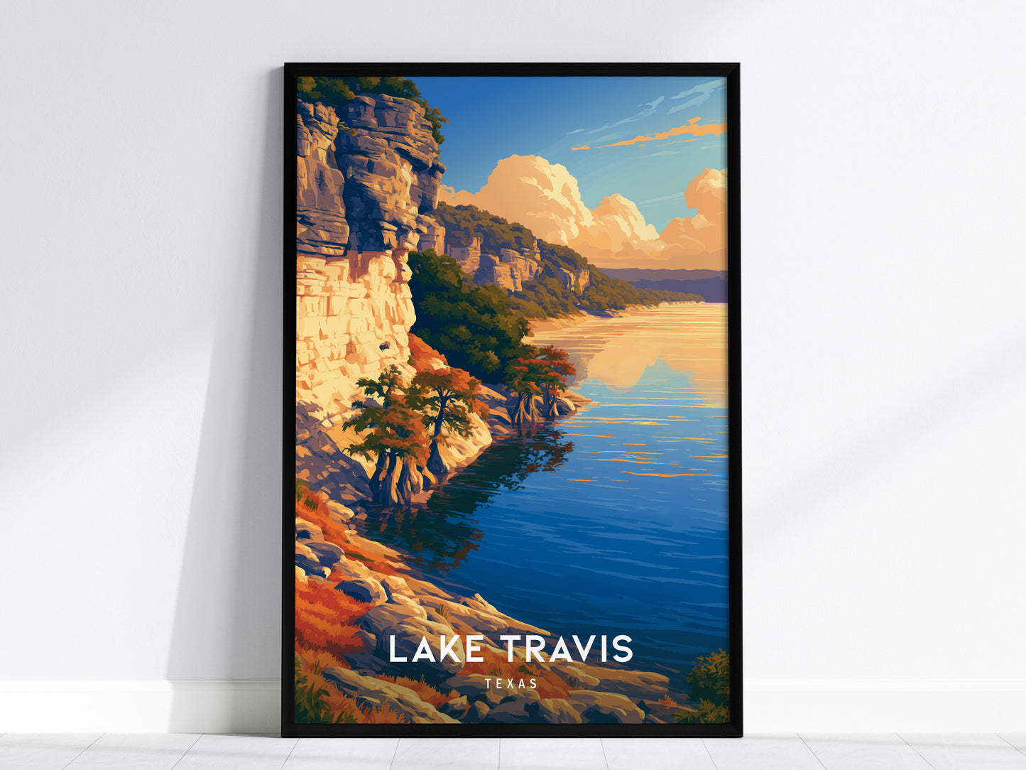 Lake Travis, Texas Poster | Hill Country Lake Sunset Wall Art — framed wall art, 24x36 in