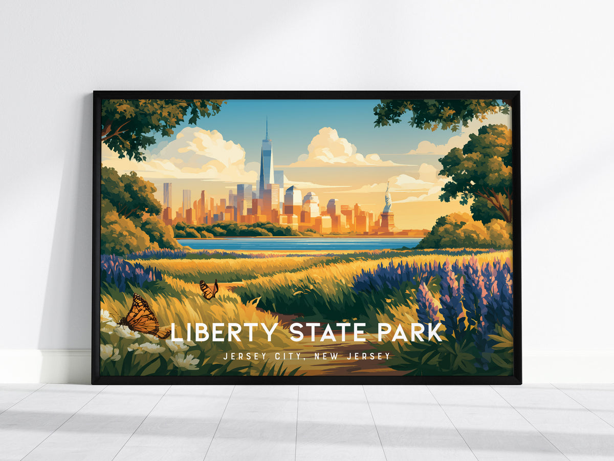 Liberty State Park Landscape Poster | Jersey City, New Jersey Vacation Wall Art — framed wall art, 24x36 in