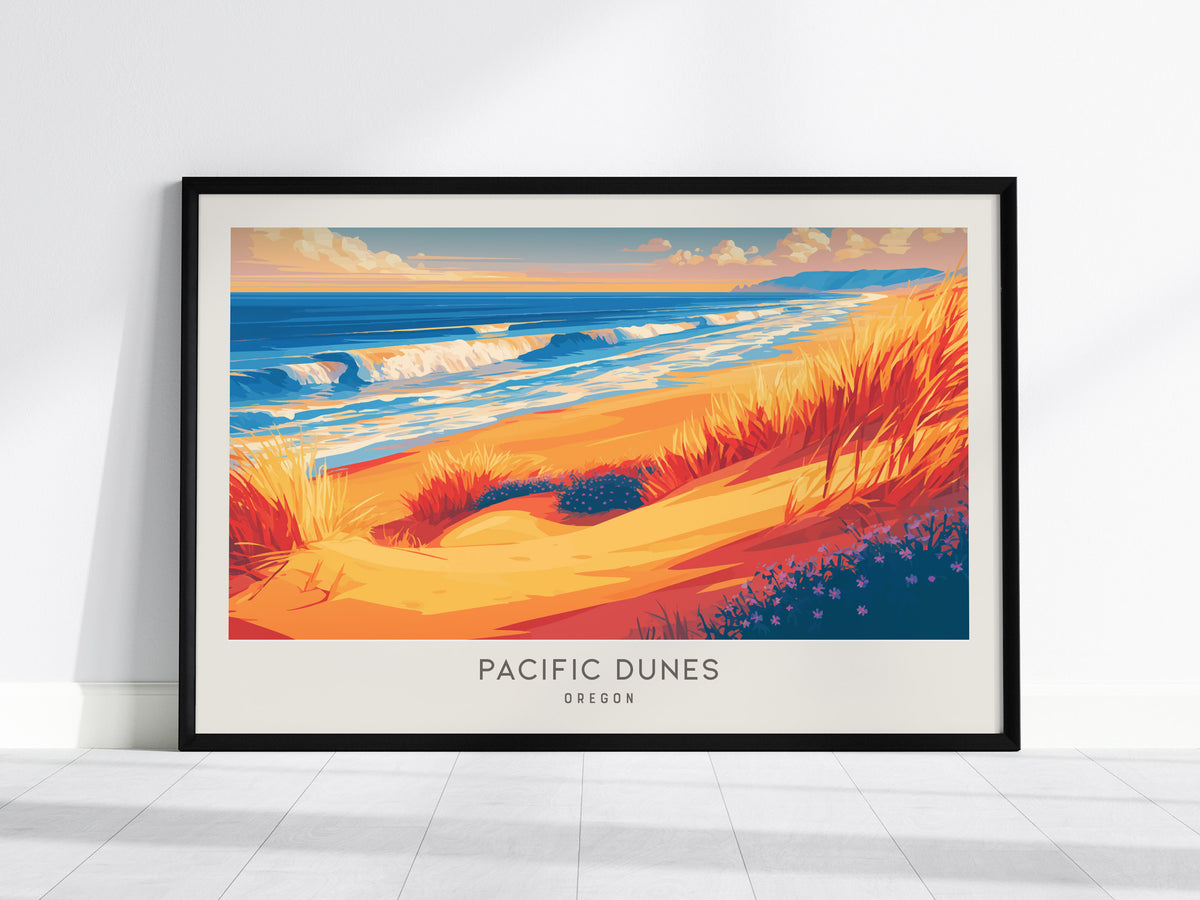 Pacific Dunes Landscape Matte Border Poster | Oregon Coastal Beach Decor — framed wall art, 24x36 in