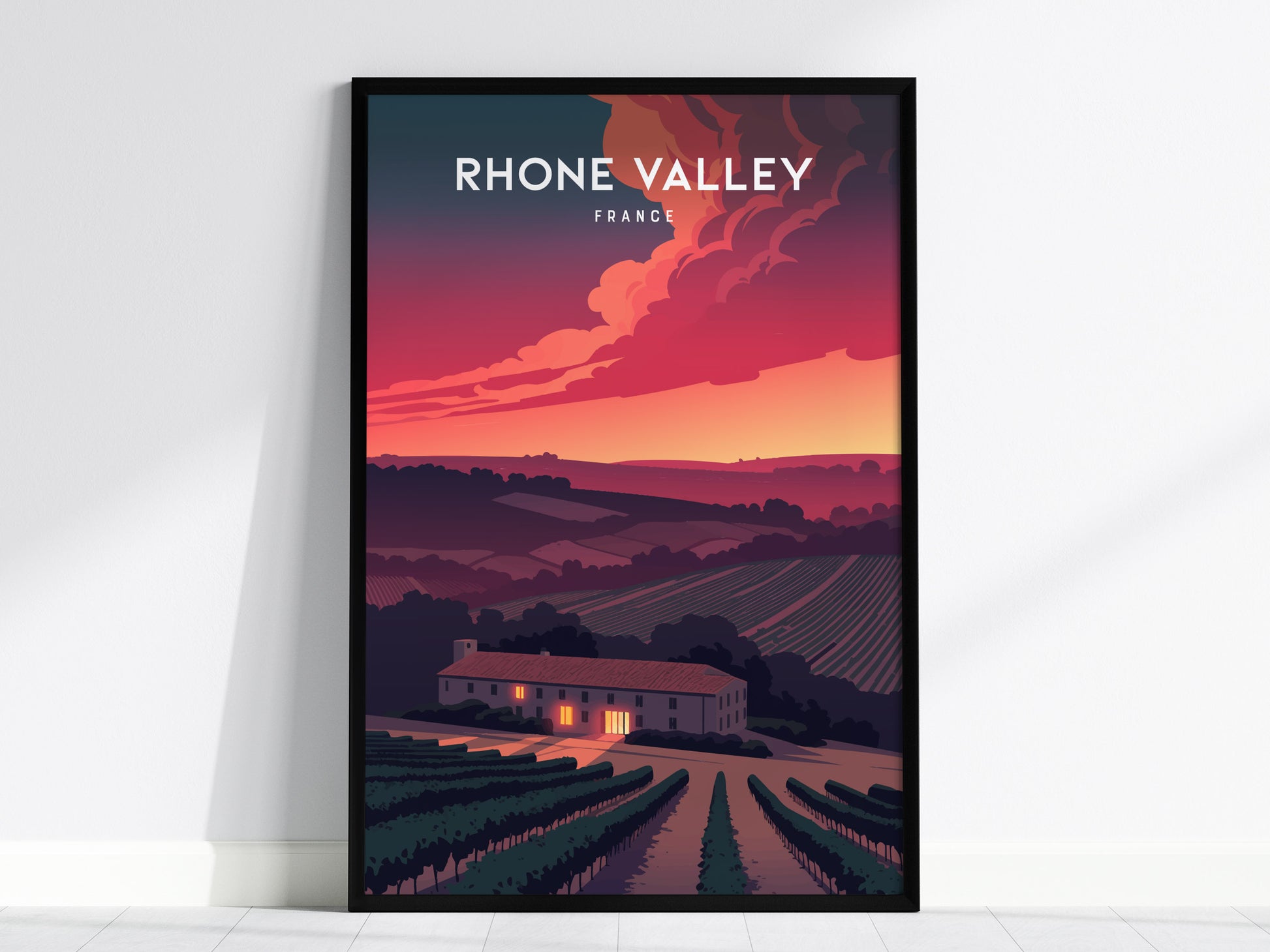 Rhône Valley, France Poster | Vineyard & River Countryside Wall Art — framed wall art, 24x36 in