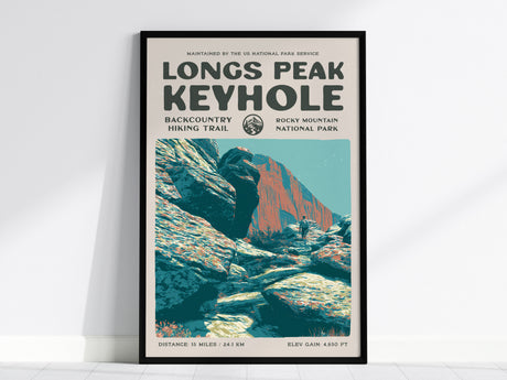 Longs Peak Keyhole, Rocky Mountain National Park Poster | Hiker Gift | Backcountry Trail Wall Art — framed wall art, 24x36 in