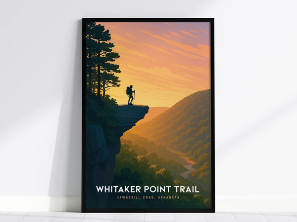 Framed Whitaker Point poster showcasing a hiker at Hawksbill Crag, Arkansas, with warm sunset colors and a minimalist design.